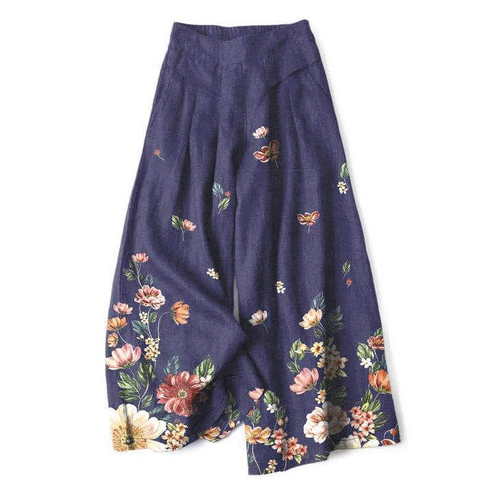 Buddha Stones Cotton Linen Bohemian Floral Pattern Women's Elastic Waist Wide Leg Pants With Pockets - Navy - US16，UK/AU20，EU48 (3XL) - image 8