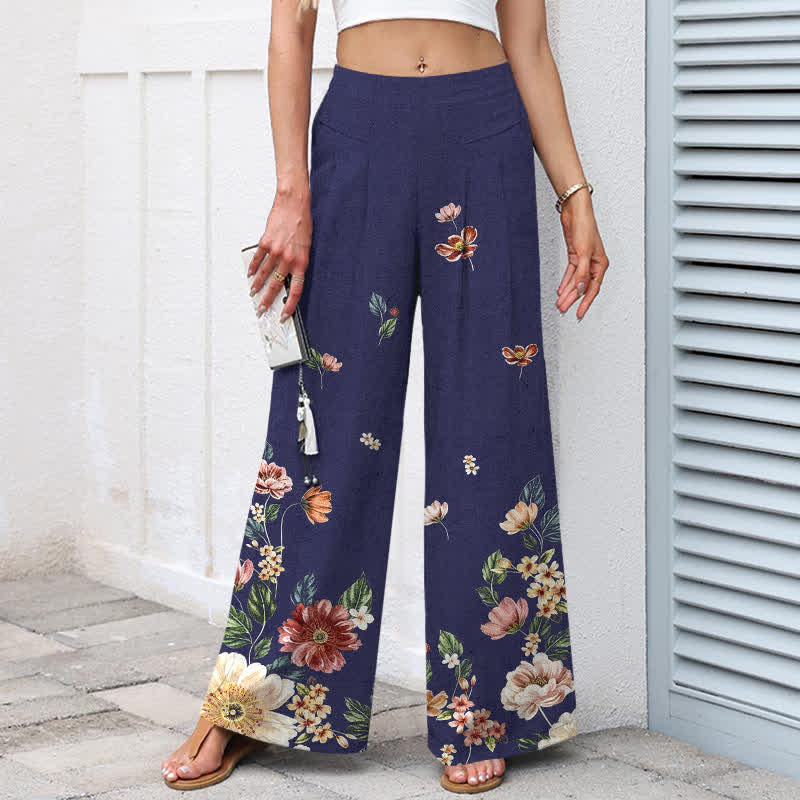 Buddha Stones Cotton Linen Bohemian Floral Pattern Women's Elastic Waist Wide Leg Pants With Pockets - image 9