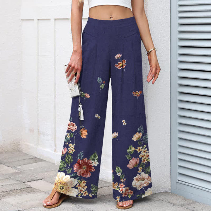 Buddha Stones Cotton Linen Bohemian Floral Pattern Women's Elastic Waist Wide Leg Pants With Pockets - image 9