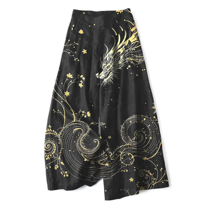 Buddha Stones Cotton Linen Dragon Wave Pattern Women's Elastic Waist Wide Leg Pants With Pockets - Black - US16，UK/AU20，EU48 (3XL) - image 0