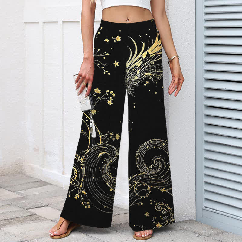 Buddha Stones Cotton Linen Dragon Wave Pattern Women's Elastic Waist Wide Leg Pants With Pockets - image 1