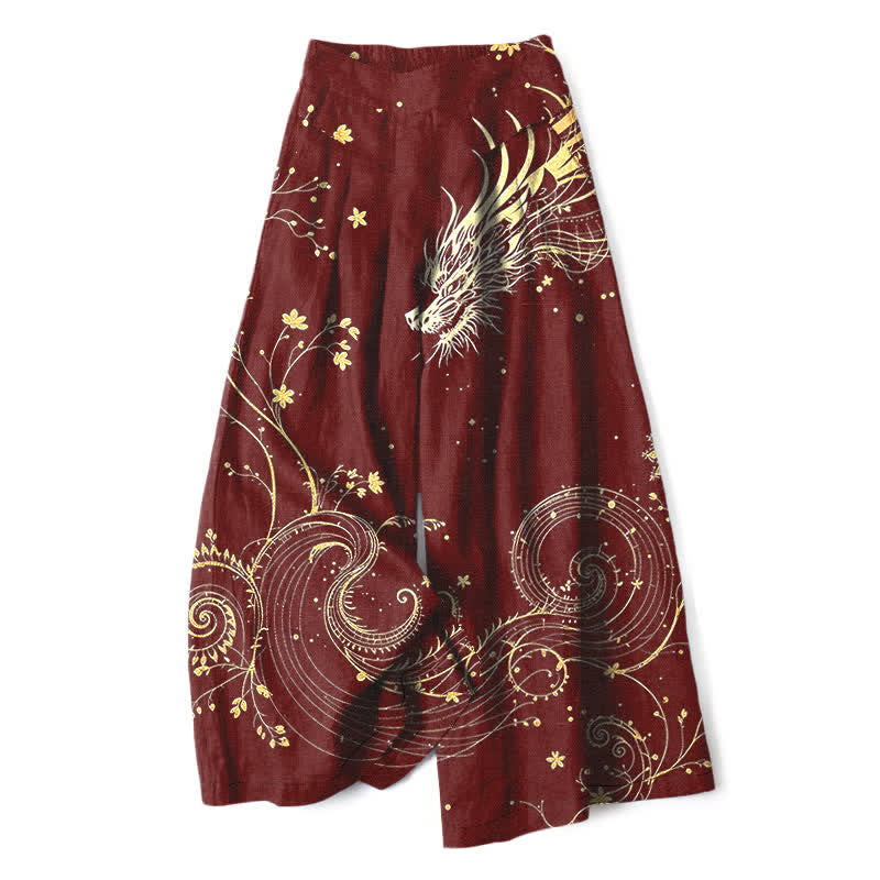 Buddha Stones Cotton Linen Dragon Wave Pattern Women's Elastic Waist Wide Leg Pants With Pockets - Maroon - US16，UK/AU20，EU48 (3XL) - image 4