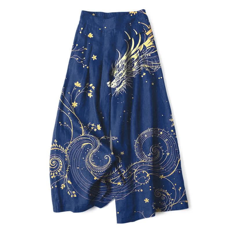 Buddha Stones Cotton Linen Dragon Wave Pattern Women's Elastic Waist Wide Leg Pants With Pockets - Navy - US16，UK/AU20，EU48 (3XL) - image 8