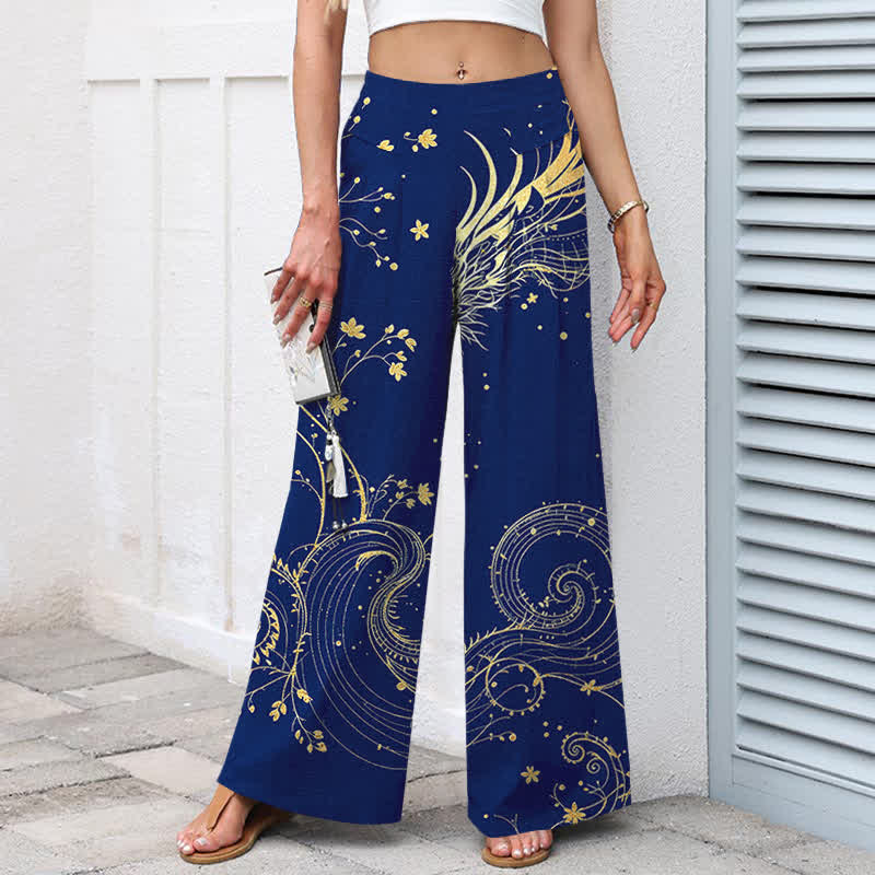 Buddha Stones Cotton Linen Dragon Wave Pattern Women's Elastic Waist Wide Leg Pants With Pockets - image 9