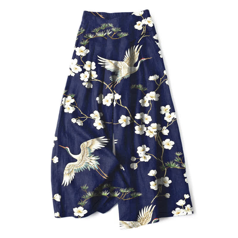 Buddha Stones Cotton Linen Crane Floral Pattern Women's Elastic Waist Wide Leg Pants With Pockets - Navy - US16，UK/AU20，EU48 (3XL) - image 0