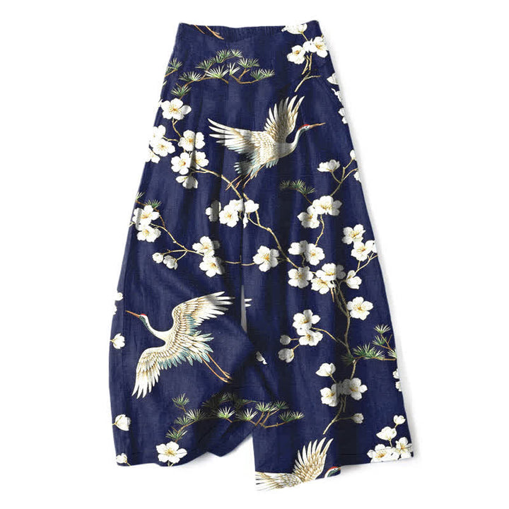 Buddha Stones Cotton Linen Crane Floral Pattern Women's Elastic Waist Wide Leg Pants With Pockets - Navy - US16，UK/AU20，EU48 (3XL) - image 0