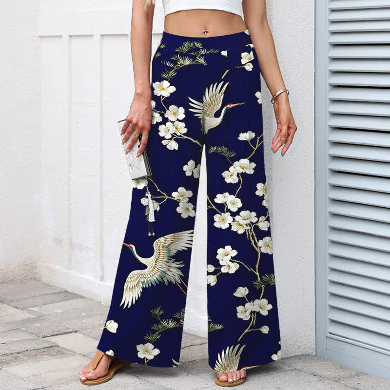Buddha Stones Cotton Linen Crane Floral Pattern Women's Elastic Waist Wide Leg Pants With Pockets - image 1