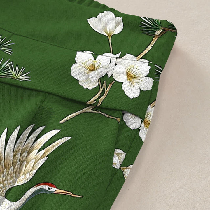 Buddha Stones Cotton Linen Crane Floral Pattern Women's Elastic Waist Wide Leg Pants With Pockets - image 6