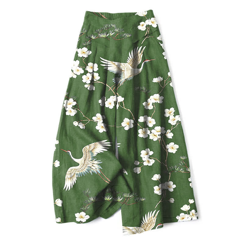 Buddha Stones Cotton Linen Crane Floral Pattern Women's Elastic Waist Wide Leg Pants With Pockets - ForestGreen - US16，UK/AU20，EU48 (3XL) - image 4