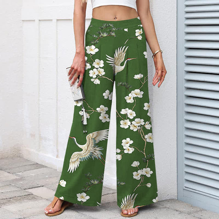 Buddha Stones Cotton Linen Crane Floral Pattern Women's Elastic Waist Wide Leg Pants With Pockets - image 5