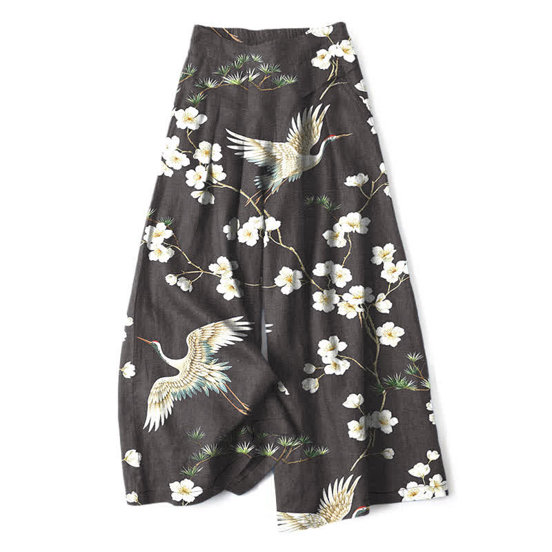 Buddha Stones Cotton Linen Crane Floral Pattern Women's Elastic Waist Wide Leg Pants With Pockets - Black - US16，UK/AU20，EU48 (3XL) - image 8