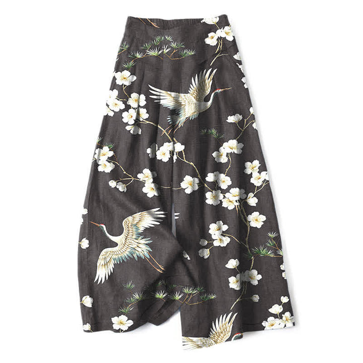 Buddha Stones Cotton Linen Crane Floral Pattern Women's Elastic Waist Wide Leg Pants With Pockets - Black - US16，UK/AU20，EU48 (3XL) - image 8