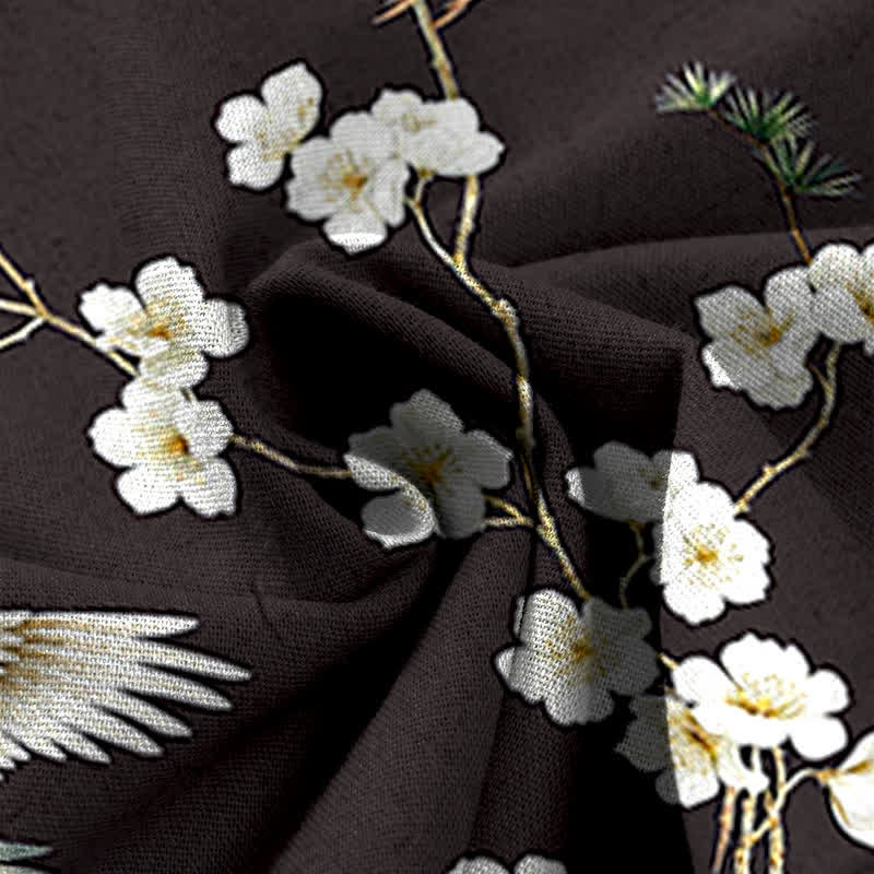 Buddha Stones Cotton Linen Crane Floral Pattern Women's Elastic Waist Wide Leg Pants With Pockets - image 11
