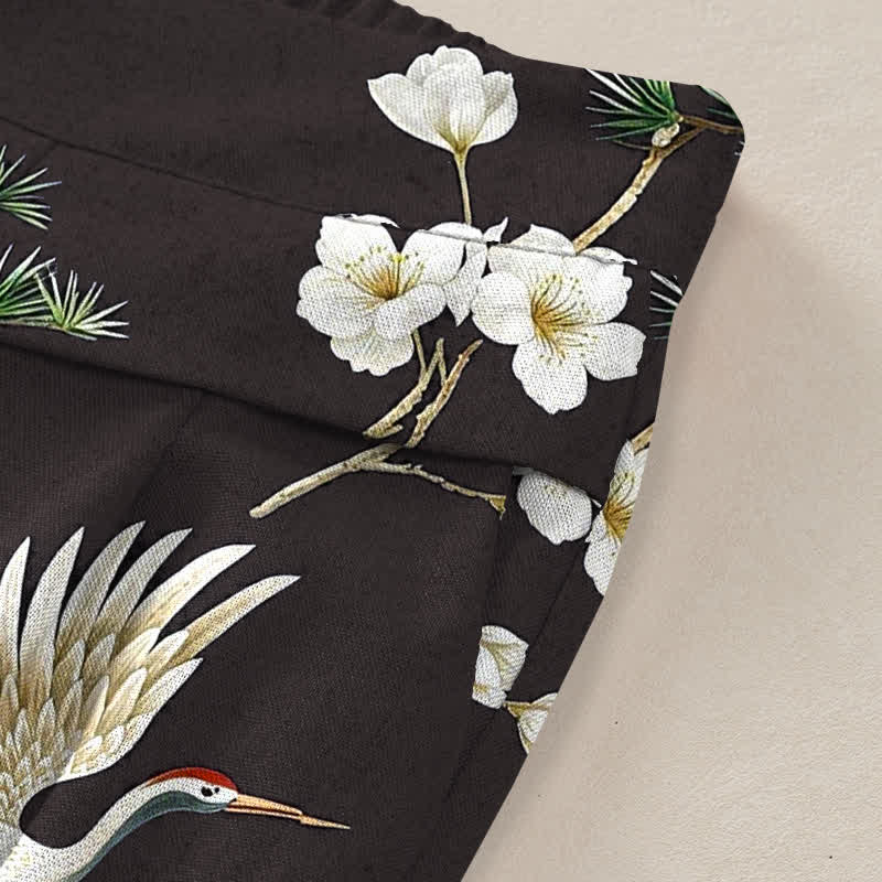 Buddha Stones Cotton Linen Crane Floral Pattern Women's Elastic Waist Wide Leg Pants With Pockets - image 10