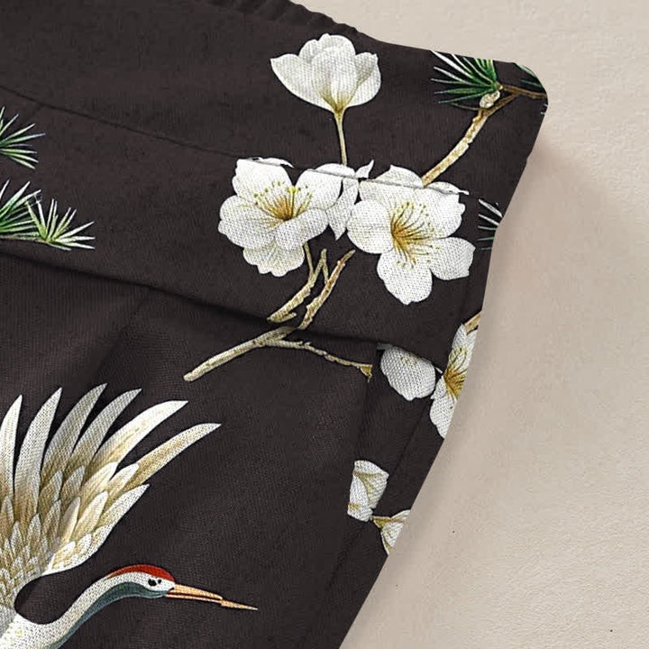 Buddha Stones Cotton Linen Crane Floral Pattern Women's Elastic Waist Wide Leg Pants With Pockets - image 10