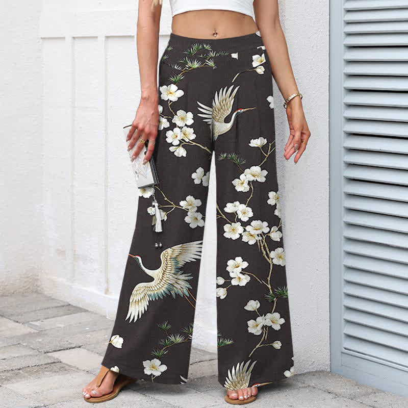 Buddha Stones Cotton Linen Crane Floral Pattern Women's Elastic Waist Wide Leg Pants With Pockets - image 9