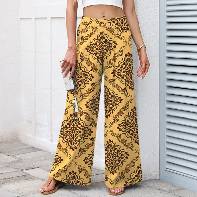 Buddha Stones Cotton Linen Baroque Floral Pattern Women's Elastic Waist Wide Leg Pants With Pockets - image 1