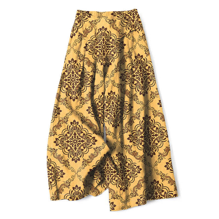 Buddha Stones Cotton Linen Baroque Floral Pattern Women's Elastic Waist Wide Leg Pants With Pockets - Gold - US16，UK/AU20，EU48 (3XL) - image 0