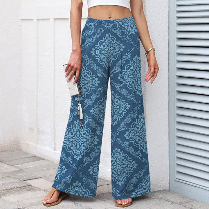 Buddha Stones Cotton Linen Baroque Floral Pattern Women's Elastic Waist Wide Leg Pants With Pockets - image 5