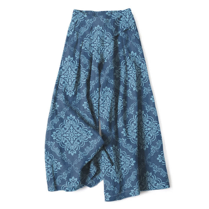 Buddha Stones Cotton Linen Baroque Floral Pattern Women's Elastic Waist Wide Leg Pants With Pockets - SteelBlue - US16，UK/AU20，EU48 (3XL) - image 4