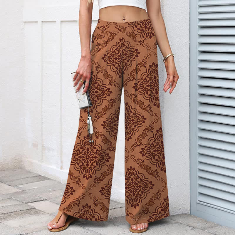 Buddha Stones Cotton Linen Baroque Floral Pattern Women's Elastic Waist Wide Leg Pants With Pockets - image 9