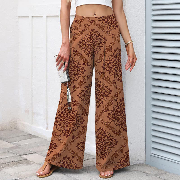 Buddha Stones Cotton Linen Baroque Floral Pattern Women's Elastic Waist Wide Leg Pants With Pockets - image 9