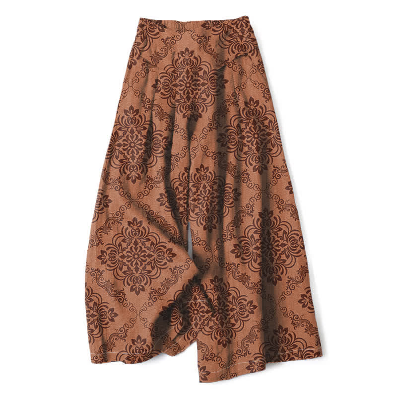 Buddha Stones Cotton Linen Baroque Floral Pattern Women's Elastic Waist Wide Leg Pants With Pockets - Peru - US16，UK/AU20，EU48 (3XL) - image 8