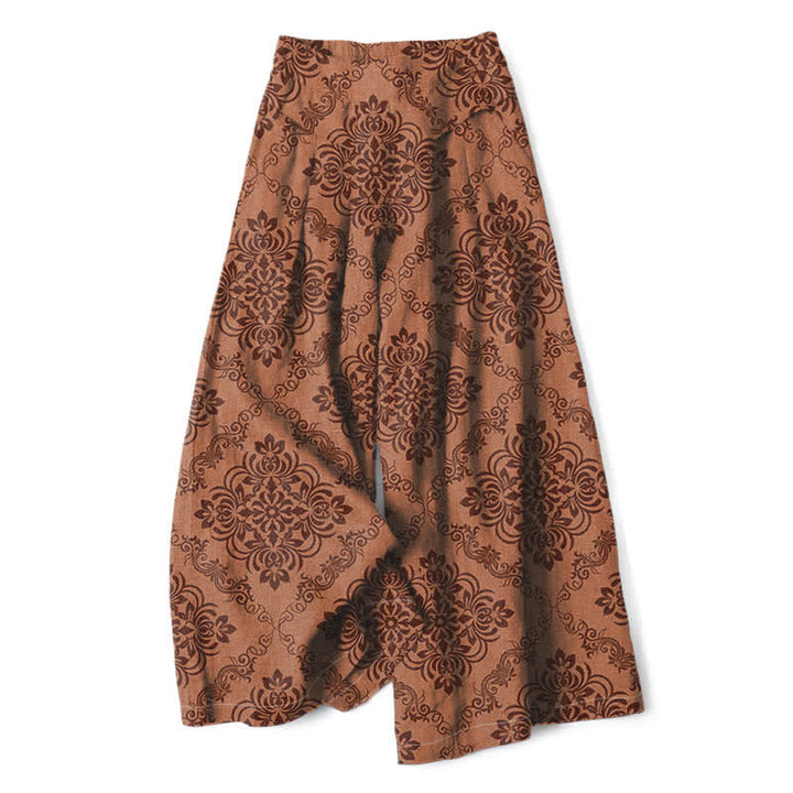 Buddha Stones Cotton Linen Baroque Floral Pattern Women's Elastic Waist Wide Leg Pants With Pockets - Peru - US16，UK/AU20，EU48 (3XL) - image 8