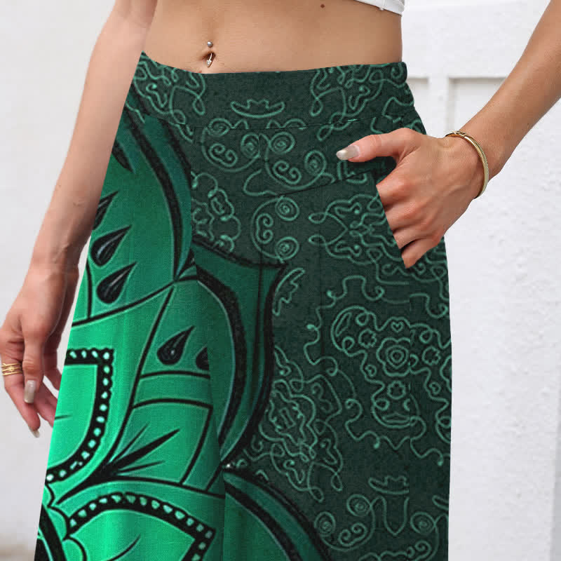 Buddha Stones Cotton Linen Mandala Pattern Women's Elastic Waist Wide Leg Pants With Pockets - DarkGreen - US16，UK/AU20，EU48 (3XL) - image 2