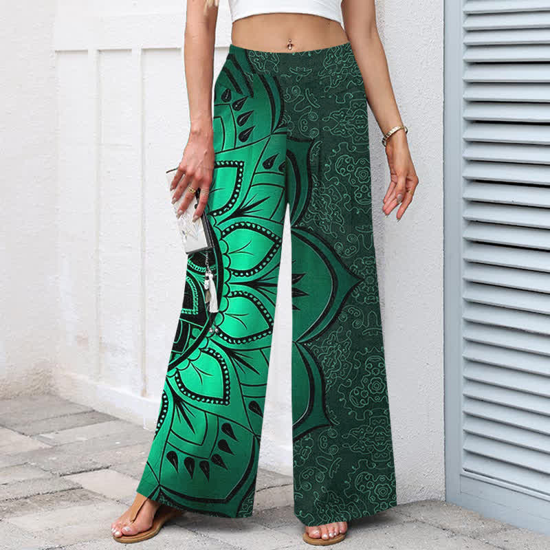 Buddha Stones Cotton Linen Mandala Pattern Women's Elastic Waist Wide Leg Pants With Pockets - image 1