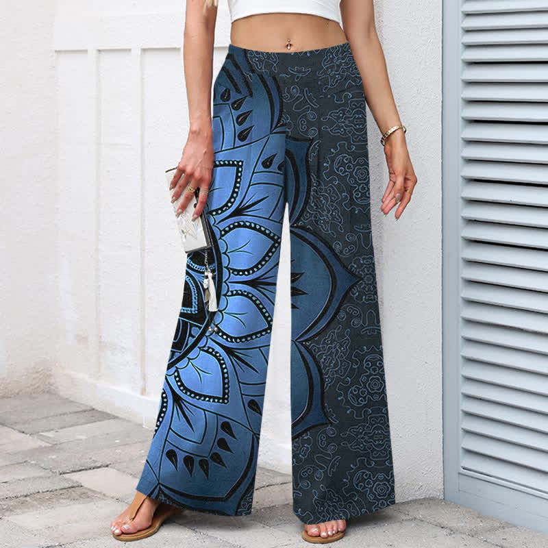 Buddha Stones Cotton Linen Mandala Pattern Women's Elastic Waist Wide Leg Pants With Pockets - image 6