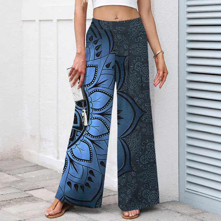 Buddha Stones Cotton Linen Mandala Pattern Women's Elastic Waist Wide Leg Pants With Pockets - image 6