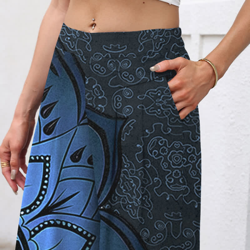 Buddha Stones Cotton Linen Mandala Pattern Women's Elastic Waist Wide Leg Pants With Pockets - image 7