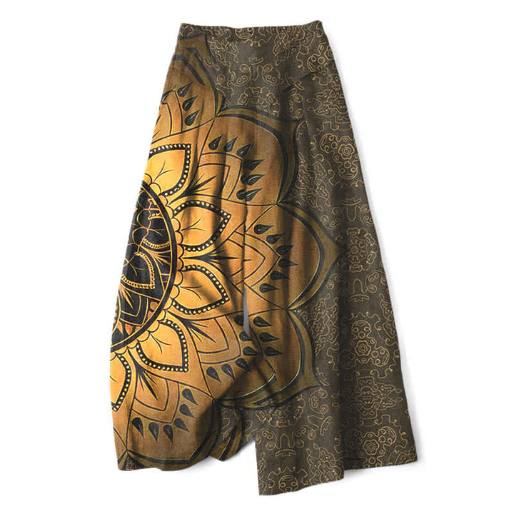 Buddha Stones Cotton Linen Mandala Pattern Women's Elastic Waist Wide Leg Pants With Pockets - Olive - US16，UK/AU20，EU48 (3XL) - image 10