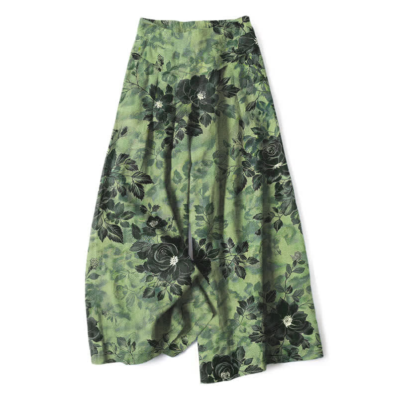 Buddha Stones Cotton Linen Floral Pattern Women's Elastic Waist Wide Leg Pants With Pockets - OliveDrab - US16，UK/AU20，EU48 (3XL) - image 0