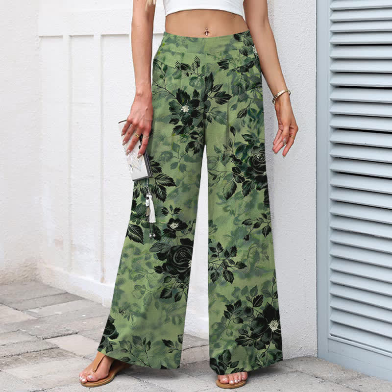 Buddha Stones Cotton Linen Floral Pattern Women's Elastic Waist Wide Leg Pants With Pockets - image 1