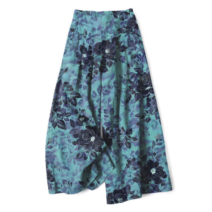 Buddha Stones Cotton Linen Floral Pattern Women's Elastic Waist Wide Leg Pants With Pockets - DarkTurquoise - US16，UK/AU20，EU48 (3XL) - image 8