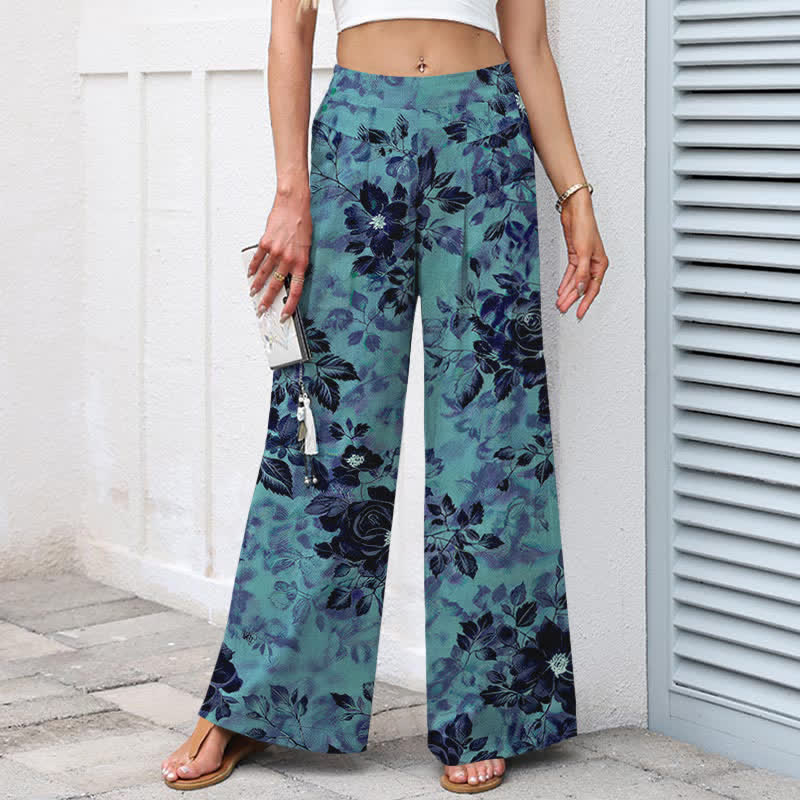Buddha Stones Cotton Linen Floral Pattern Women's Elastic Waist Wide Leg Pants With Pockets - image 9
