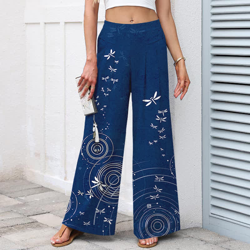 Buddha Stones Cotton Linen Dragonfly Ripple Pattern Women's Elastic Waist Wide Leg Pants With Pockets - image 1