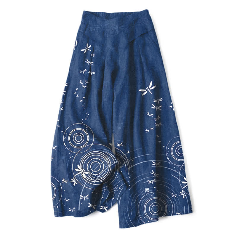Buddha Stones Cotton Linen Dragonfly Ripple Pattern Women's Elastic Waist Wide Leg Pants With Pockets - Navy - US16，UK/AU20，EU48 (3XL) - image 0