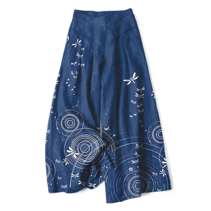 Buddha Stones Cotton Linen Dragonfly Ripple Pattern Women's Elastic Waist Wide Leg Pants With Pockets - Navy - US16，UK/AU20，EU48 (3XL) - image 0
