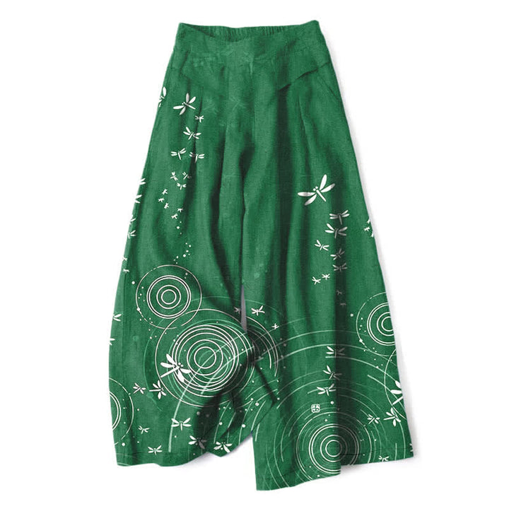 Buddha Stones Cotton Linen Dragonfly Ripple Pattern Women's Elastic Waist Wide Leg Pants With Pockets - ForestGreen - US16，UK/AU20，EU48 (3XL) - image 4