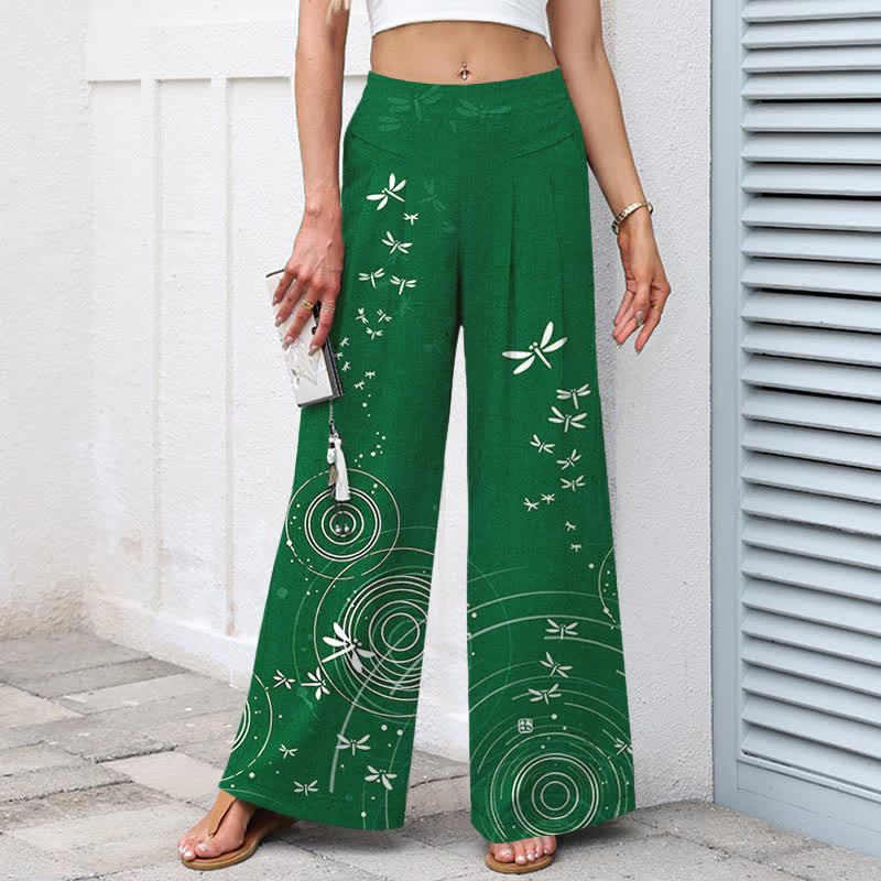 Buddha Stones Cotton Linen Dragonfly Ripple Pattern Women's Elastic Waist Wide Leg Pants With Pockets - image 5