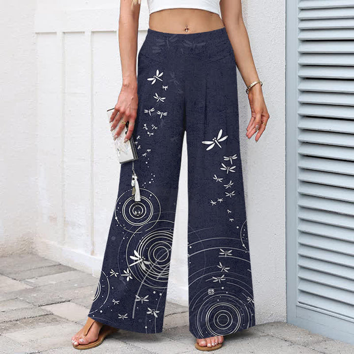 Buddha Stones Cotton Linen Dragonfly Ripple Pattern Women's Elastic Waist Wide Leg Pants With Pockets - image 9
