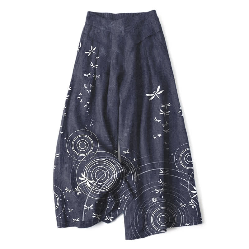 Buddha Stones Cotton Linen Dragonfly Ripple Pattern Women's Elastic Waist Wide Leg Pants With Pockets - SlateGray - US16，UK/AU20，EU48 (3XL) - image 8