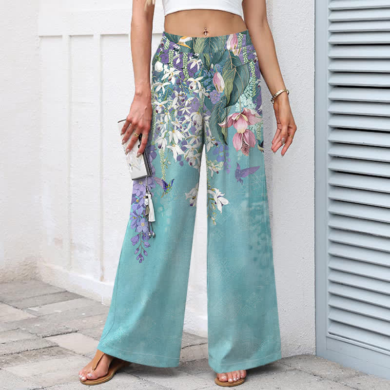 Buddha Stones Cotton Linen Bohemian Floral Pattern Women's Elastic Waist Wide Leg Pants With Pockets - image 1