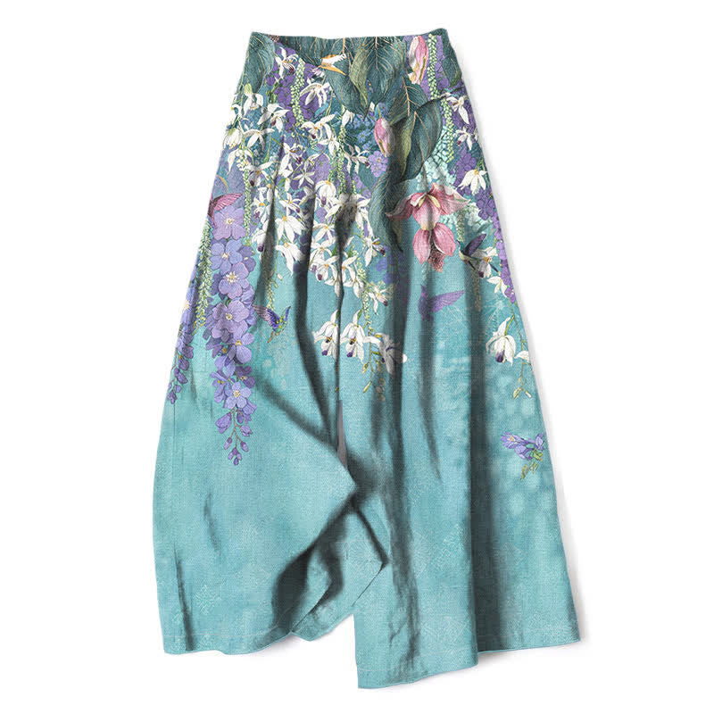 Buddha Stones Cotton Linen Bohemian Floral Pattern Women's Elastic Waist Wide Leg Pants With Pockets - Turquoise - US16，UK/AU20，EU48 (3XL) - image 0