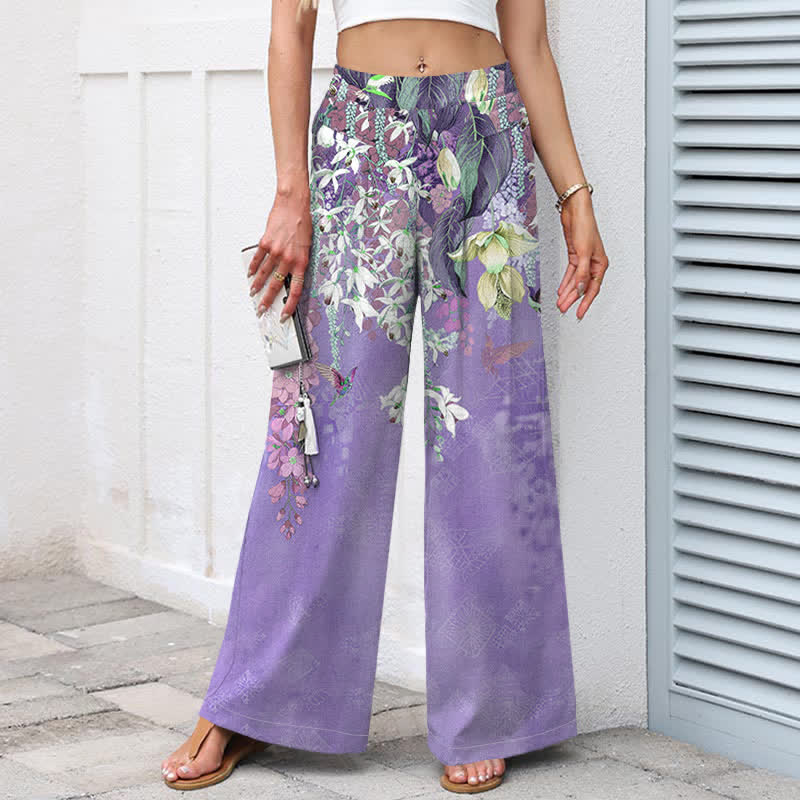 Buddha Stones Cotton Linen Bohemian Floral Pattern Women's Elastic Waist Wide Leg Pants With Pockets - image 5