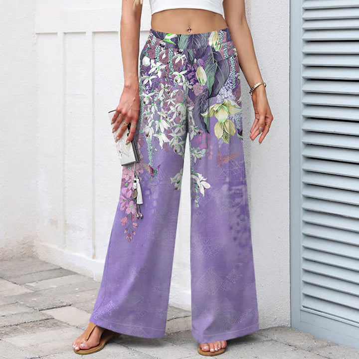 Buddha Stones Cotton Linen Bohemian Floral Pattern Women's Elastic Waist Wide Leg Pants With Pockets - image 5