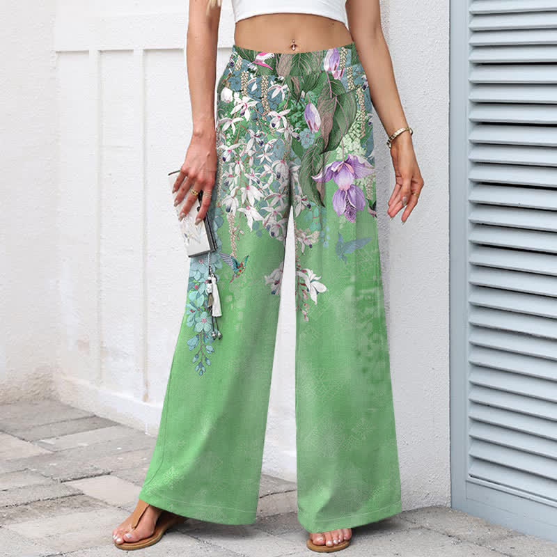 Buddha Stones Cotton Linen Bohemian Floral Pattern Women's Elastic Waist Wide Leg Pants With Pockets - image 9